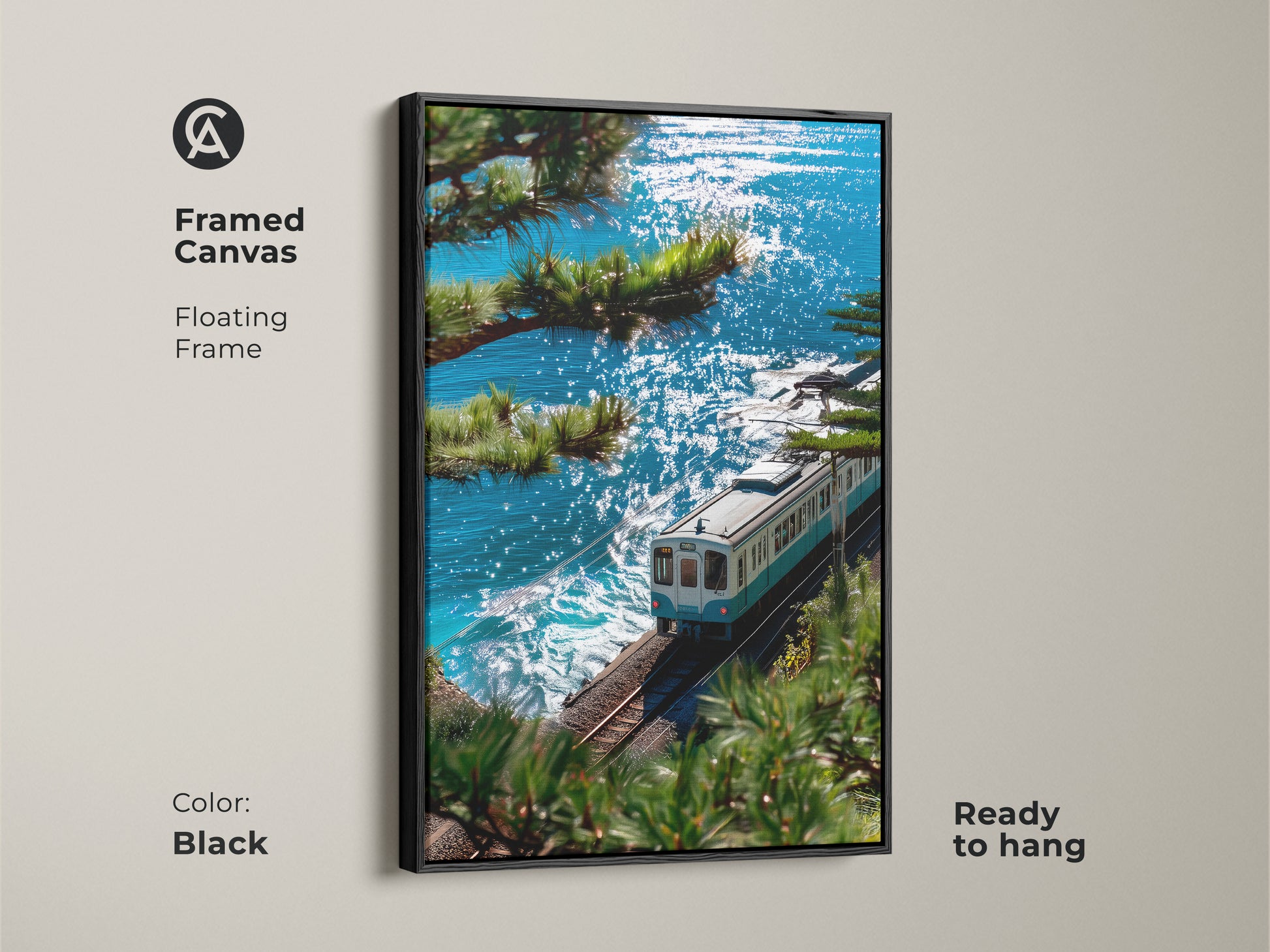 Black framed canvas art print featuring a blue and white train along a sparkling blue coast. This floating frame is ready to hang. A scenic train ride captured in museum-quality art.