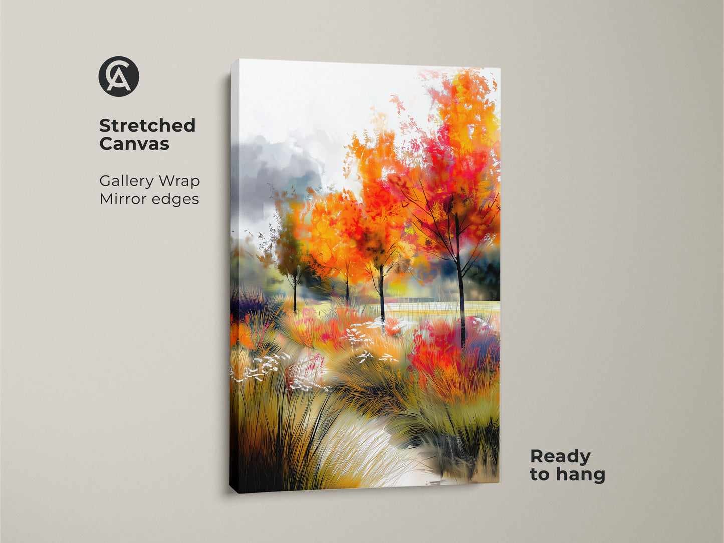 Stretched canvas art showcasing colorful fall trees. This gallery-wrapped artwork has mirrored edges. Ready to hang this scenic painting adds beauty to any room. The vivid colors enhance your home decor.