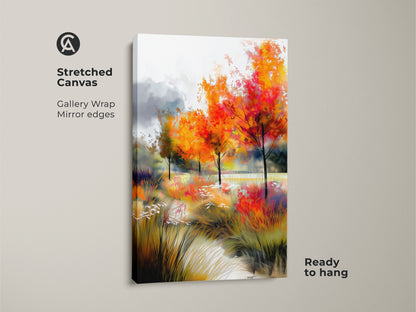 Stretched canvas art showcasing colorful fall trees. This gallery-wrapped artwork has mirrored edges. Ready to hang this scenic painting adds beauty to any room. The vivid colors enhance your home decor.