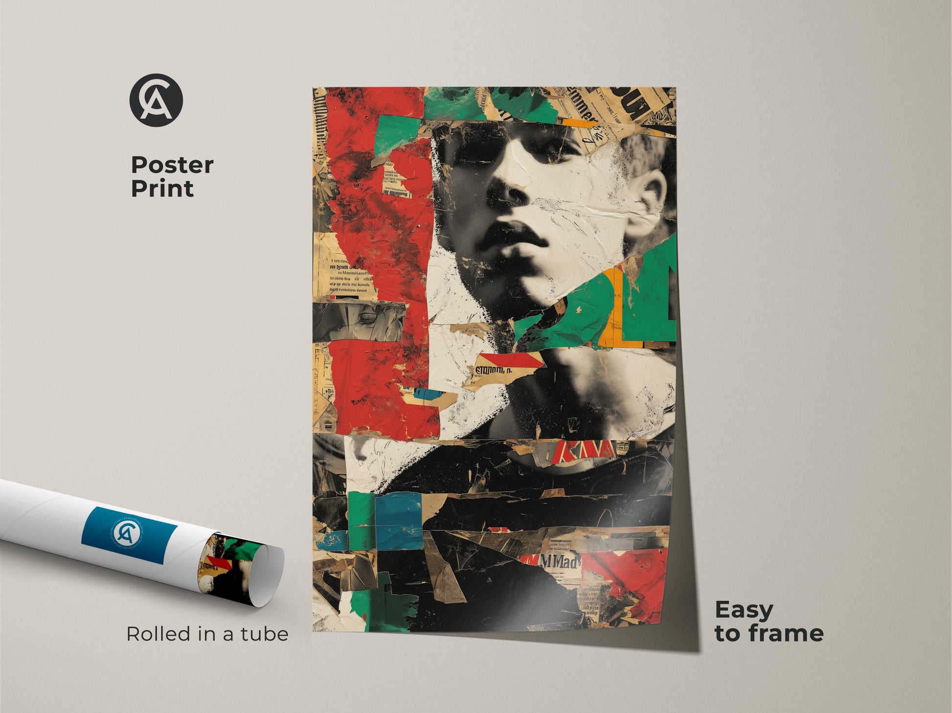 Poster print of a retro man portrait art. This urban collage wall art shows an eclectic newspaper artwork. The distressed man portrait decor has red green and black abstract art.