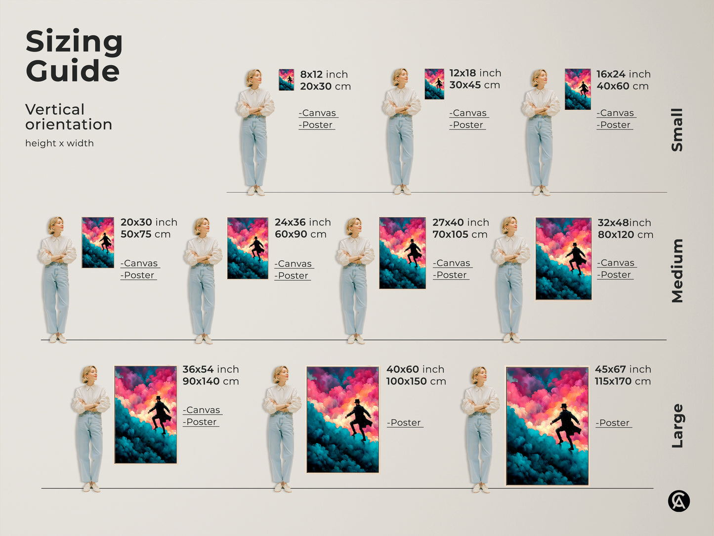 Our sizing guide helps you visualize our vertical orientation art prints. See how the surreal man in hat art looks in small medium and large sizes. Envision this expressive cloudscape canvas in your space before you buy.