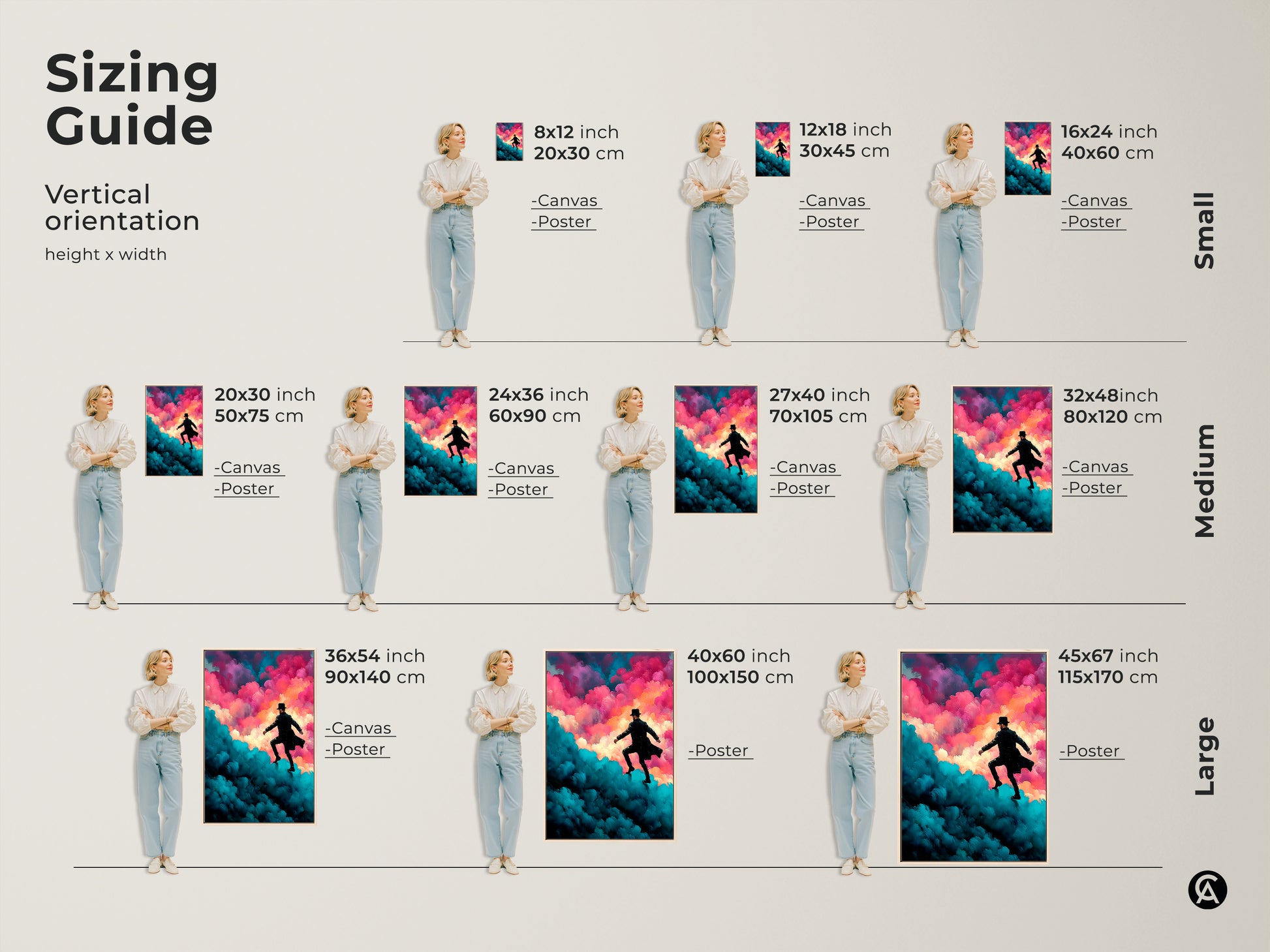 Our sizing guide helps you visualize our vertical orientation art prints. See how the surreal man in hat art looks in small medium and large sizes. Envision this expressive cloudscape canvas in your space before you buy.