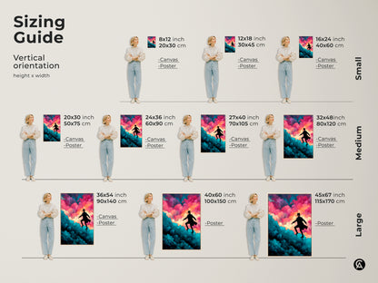 Our sizing guide helps you visualize our vertical orientation art prints. See how the surreal man in hat art looks in small medium and large sizes. Envision this expressive cloudscape canvas in your space before you buy.
