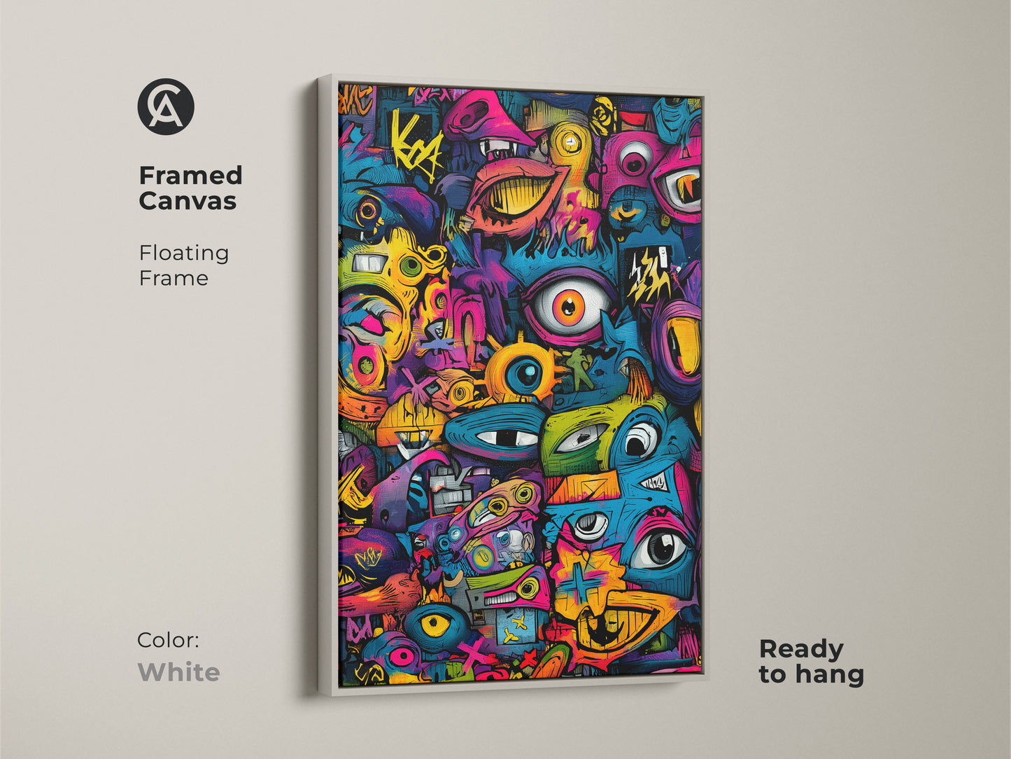 White Framed Canvas Graffiti Pop Art. This artwork features a vibrant graffiti style. The floating frame adds a touch of sophistication. Ready to hang and instantly elevate your space. Buy now and enjoy this eye-catching piece!