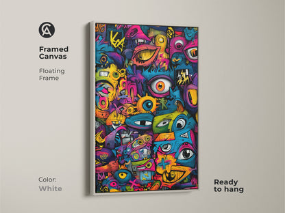 White Framed Canvas Graffiti Pop Art. This artwork features a vibrant graffiti style. The floating frame adds a touch of sophistication. Ready to hang and instantly elevate your space. Buy now and enjoy this eye-catching piece!