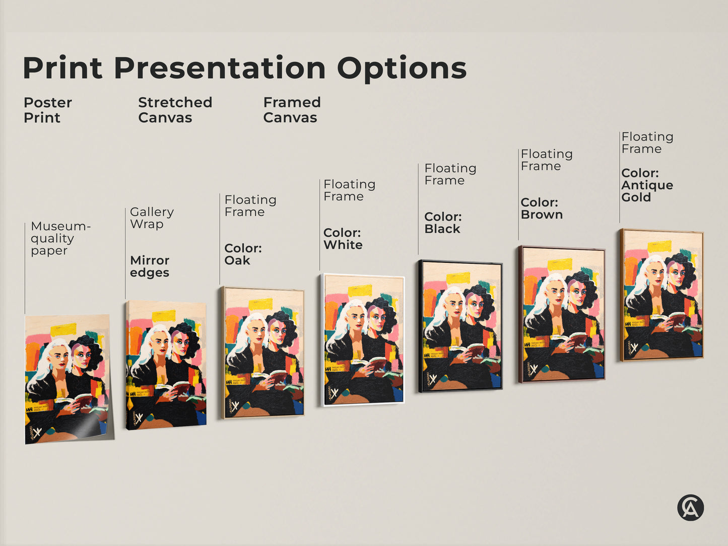 Explore print presentation options with this abstract portrait. This artwork shows two women reading. Choose from poster prints to stretched or framed canvases. Select from gallery wrap to floating frames. Includes frame colors oak white black brown and antique gold. Museum-quality edges