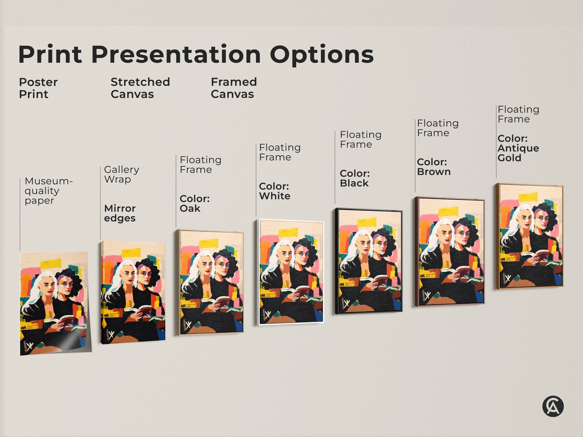 Explore print presentation options with this abstract portrait. This artwork shows two women reading. Choose from poster prints to stretched or framed canvases. Select from gallery wrap to floating frames. Includes frame colors oak white black brown and antique gold. Museum-quality edges