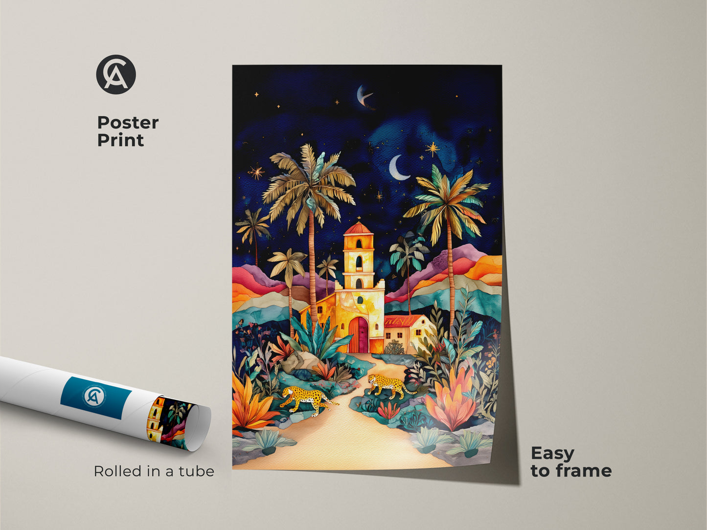 Poster print of a cheetah and palm trees boho canvas wall art. The colorful landscape home decor gift is easy to frame. The poster is rolled in a tube for protection. The vibrant night sky and jungle landscape bring an exotic touch to your space. Perfect for nature lovers and bohemian home accents.