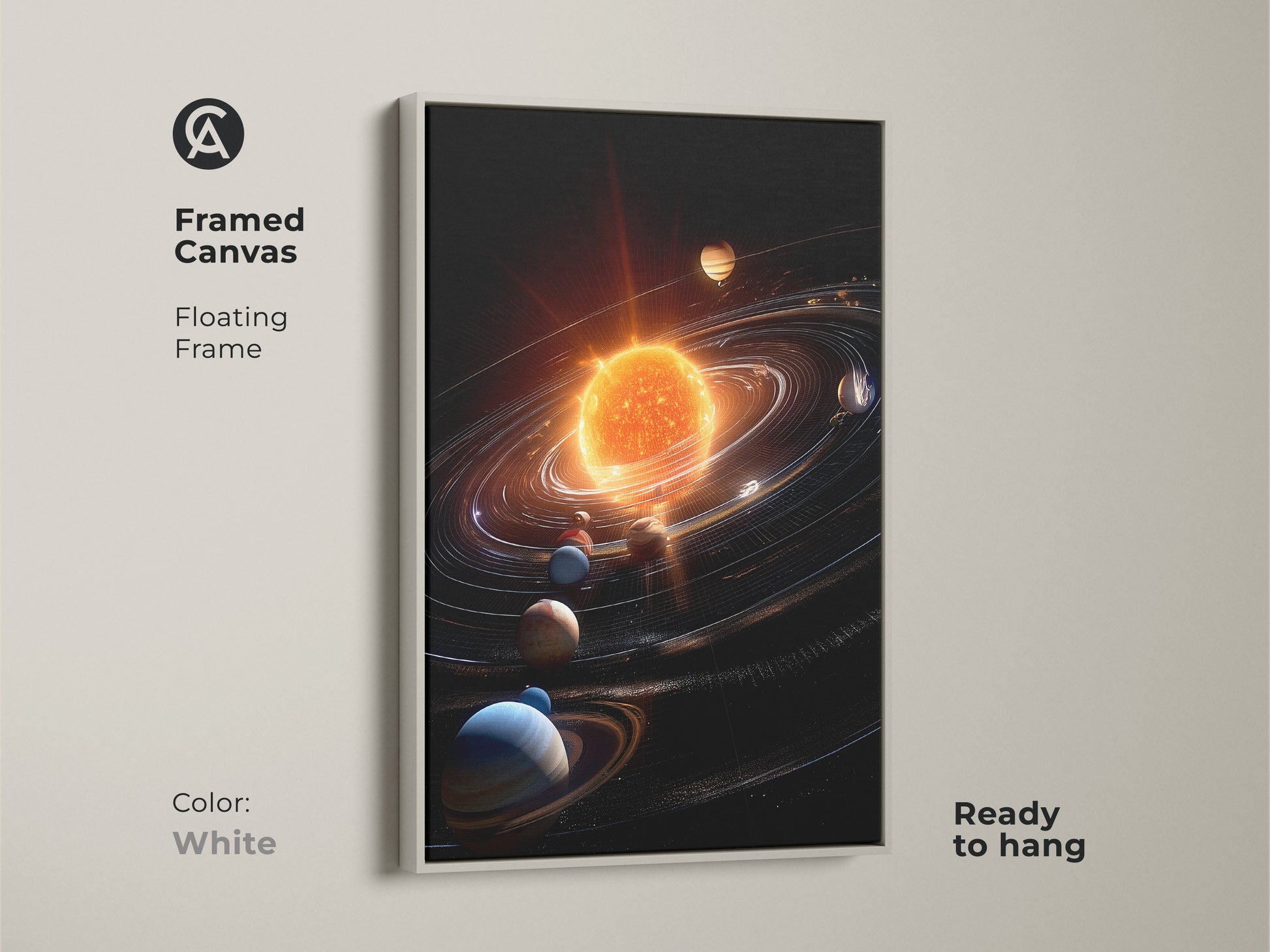Framed canvas artwork with a white floating frame is displayed. The artwork features a vibrant sun and planets. It is ready to hang. The white frame complements the space-themed art. Enhance your home decor with this stylish piece.
