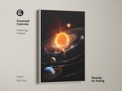Framed canvas artwork with a white floating frame is displayed. The artwork features a vibrant sun and planets. It is ready to hang. The white frame complements the space-themed art. Enhance your home decor with this stylish piece.