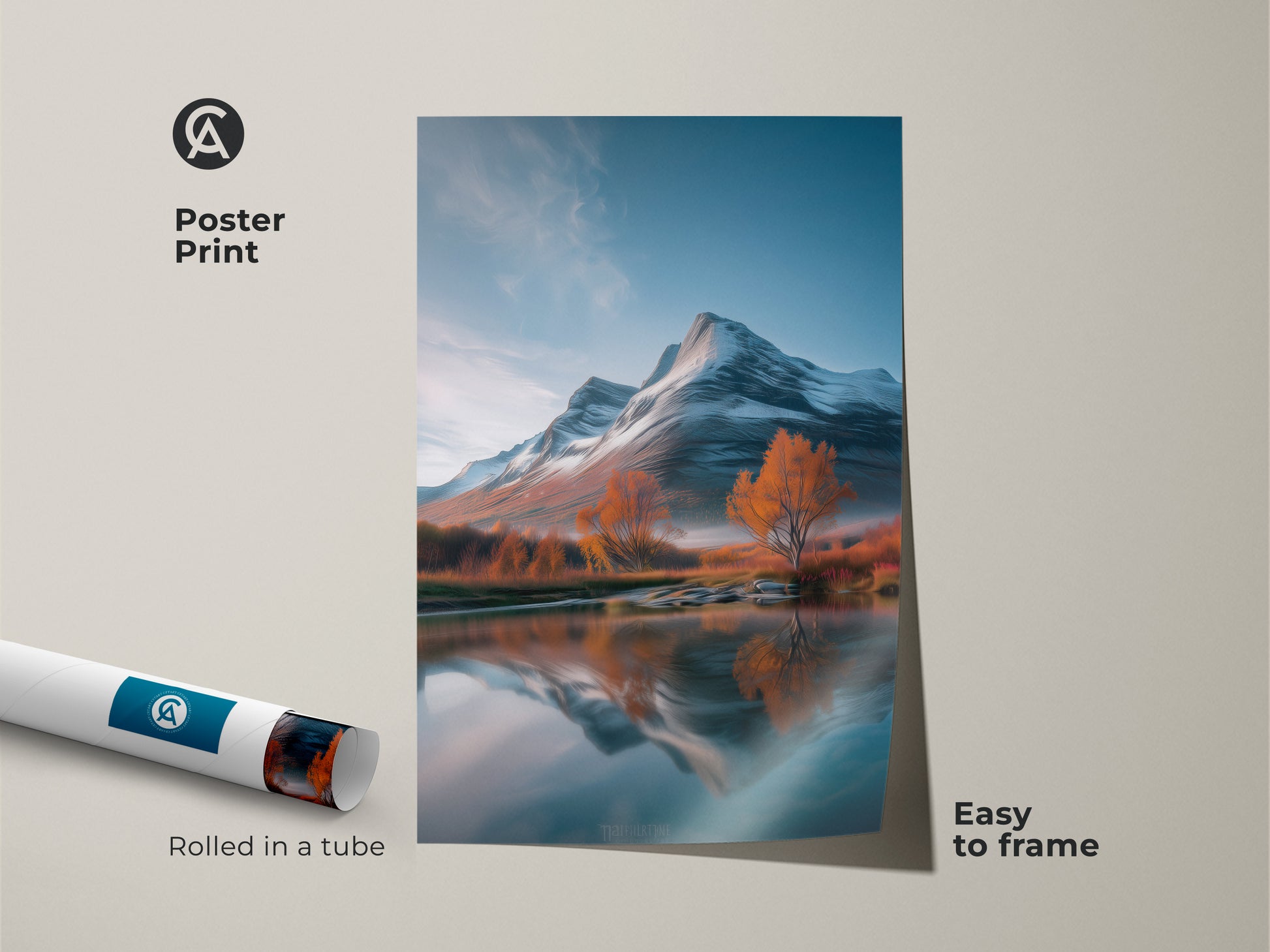 Poster print showcasing a serene mountain landscape. The scene includes snowy mountains autumn foliage and a still lake. This blue white and orange artwork is easy to frame. Perfect for nature enthusiasts and adds a rustic touch. Rolled in a tube for secure delivery.