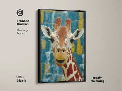 Framed canvas featuring a giraffe. Floating frame in black color. The photorealistic detail showcases African savanna wildlife art. The orange yellow and blue color palette offers an eclectic aesthetic. This wildlife wall decor is ready to hang in your home.