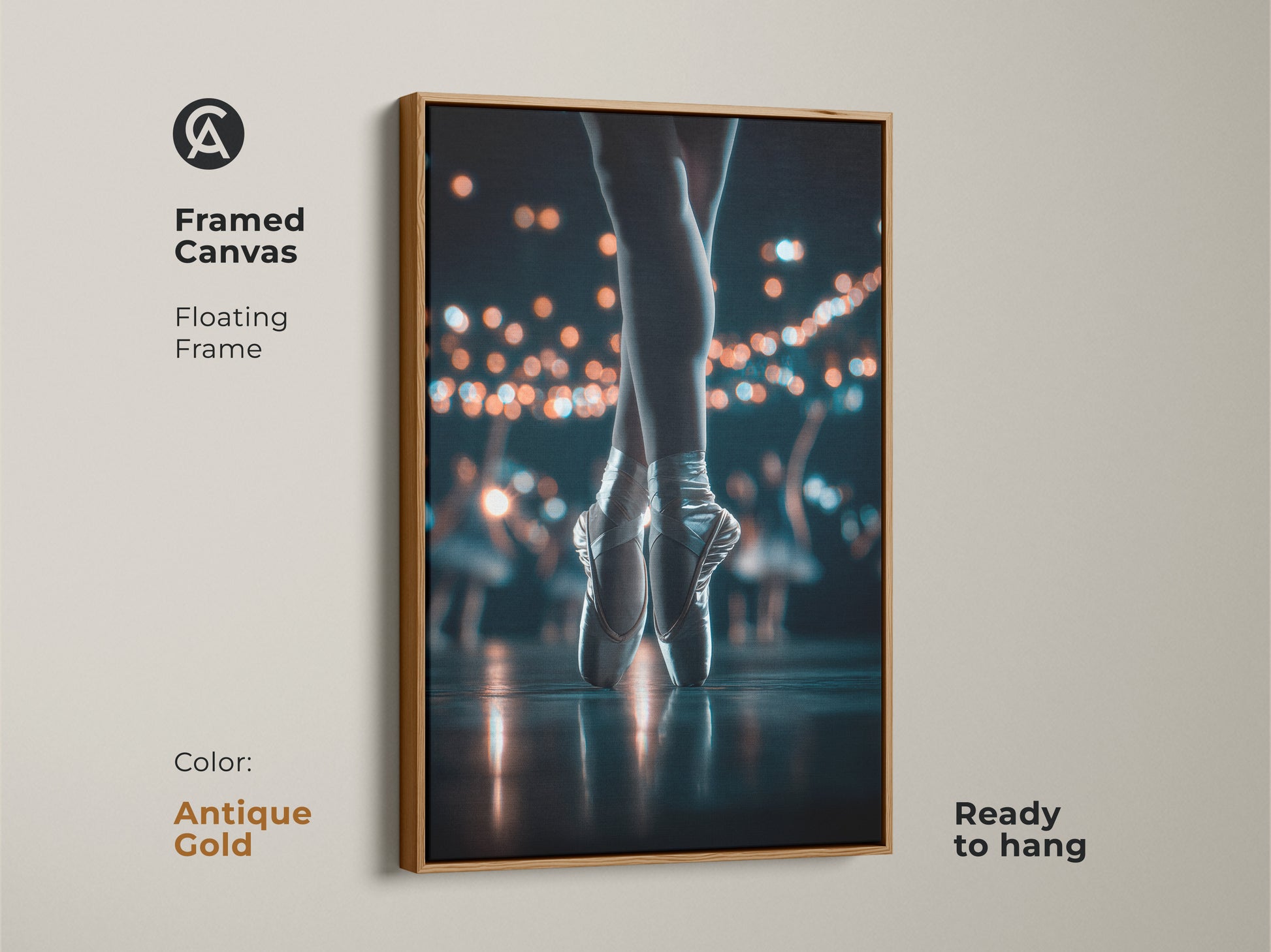 A framed canvas artwork of a ballerina's feet in pointe shoes. The antique gold floating frame adds a touch of vintage charm. Ready to hang this art piece will enhance your decor. It's ideal for adding elegance to any space.