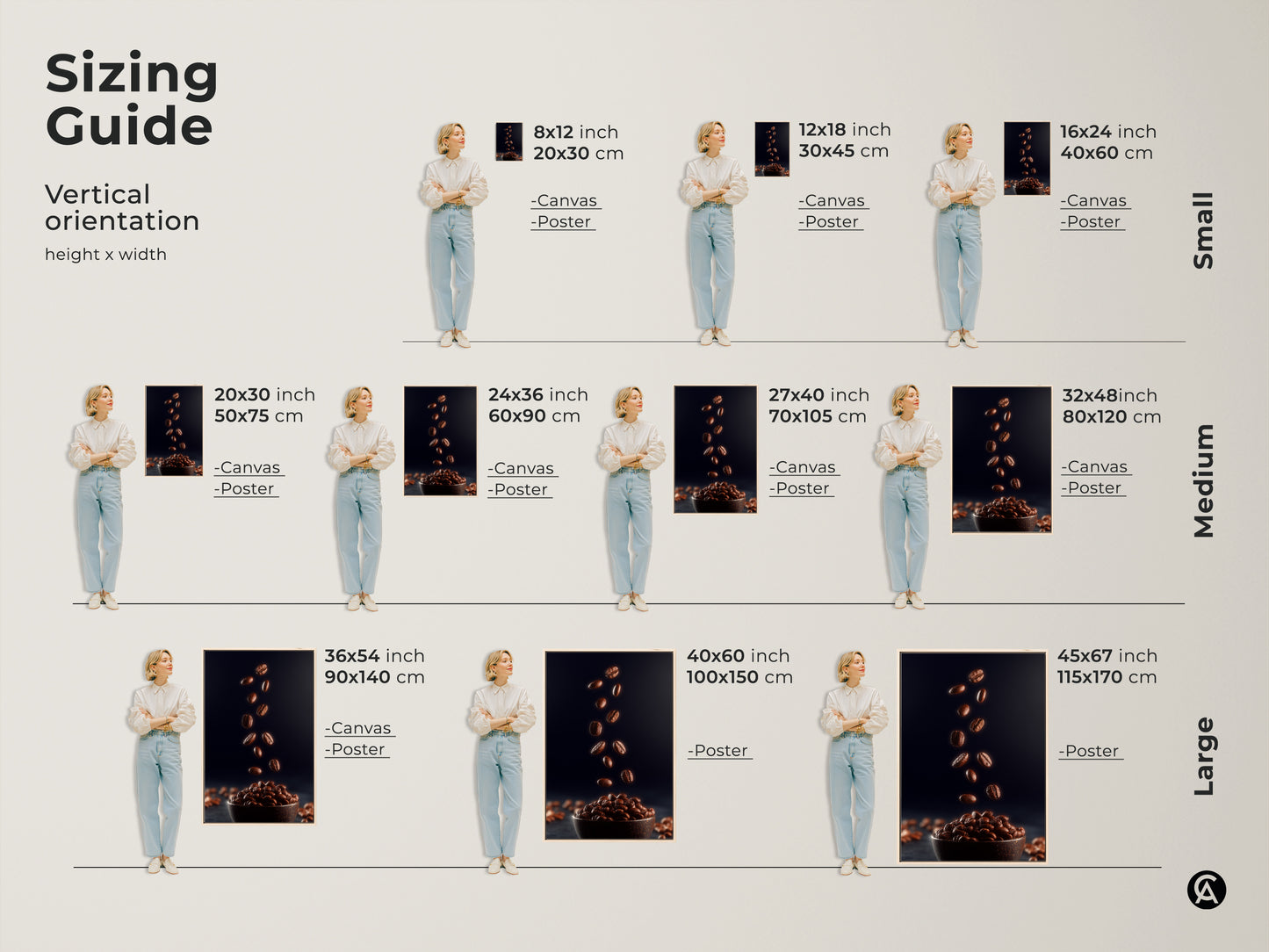 Sizing guide showcasing falling coffee beans canvas art in various sizes. This modern kitchen artwork comes in small medium and large sizes. Visualize the perfect fit for your space with this rich brown and navy abstract wall art. Perfect for any coffee lover.