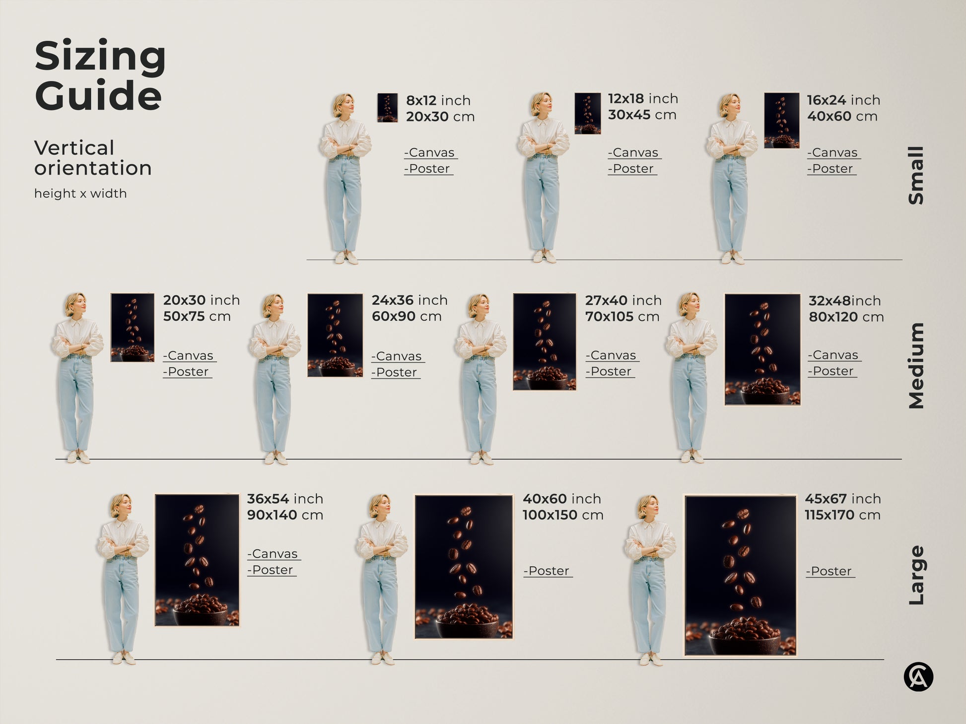 Sizing guide showcasing falling coffee beans canvas art in various sizes. This modern kitchen artwork comes in small medium and large sizes. Visualize the perfect fit for your space with this rich brown and navy abstract wall art. Perfect for any coffee lover.