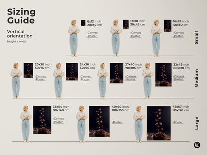 Sizing guide showcasing falling coffee beans canvas art in various sizes. This modern kitchen artwork comes in small medium and large sizes. Visualize the perfect fit for your space with this rich brown and navy abstract wall art. Perfect for any coffee lover.