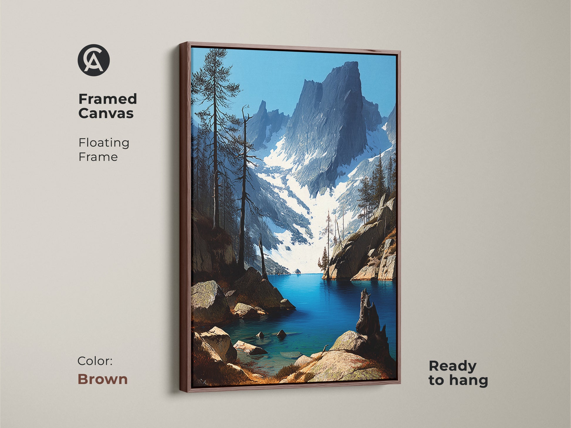 Framed canvas featuring a rustic mountain lake landscape with a brown floating frame. The artwork showcases a deep blue pine forest creating a tranquil setting. This realistic nature scene is perfect for adding a touch of outdoor adventure to your wall. Ready to hang.