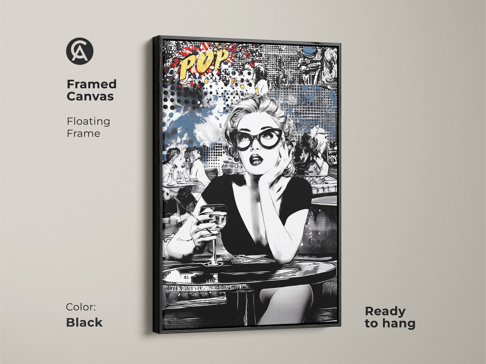 Enhance your space with this framed canvas print. The black floating frame adds a touch of elegance. Showcasing a retro woman with a cocktail in black and white pop art style. Ready to hang. It's perfect for sophisticated bar art or eclectic home decor.