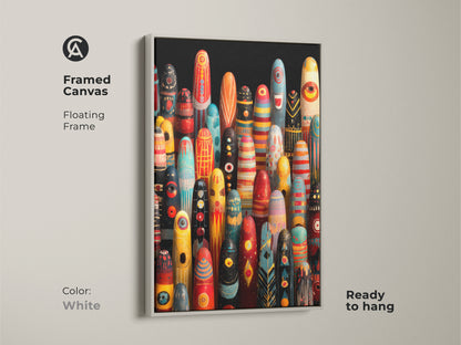 Framed canvas abstract tribal figurines wall art. White floating frame is ready to hang. The colorful tribal art print is eye-catching. The folk art canvas print makes a great housewarming gift. A unique eclectic wall art idea for your entryway.
