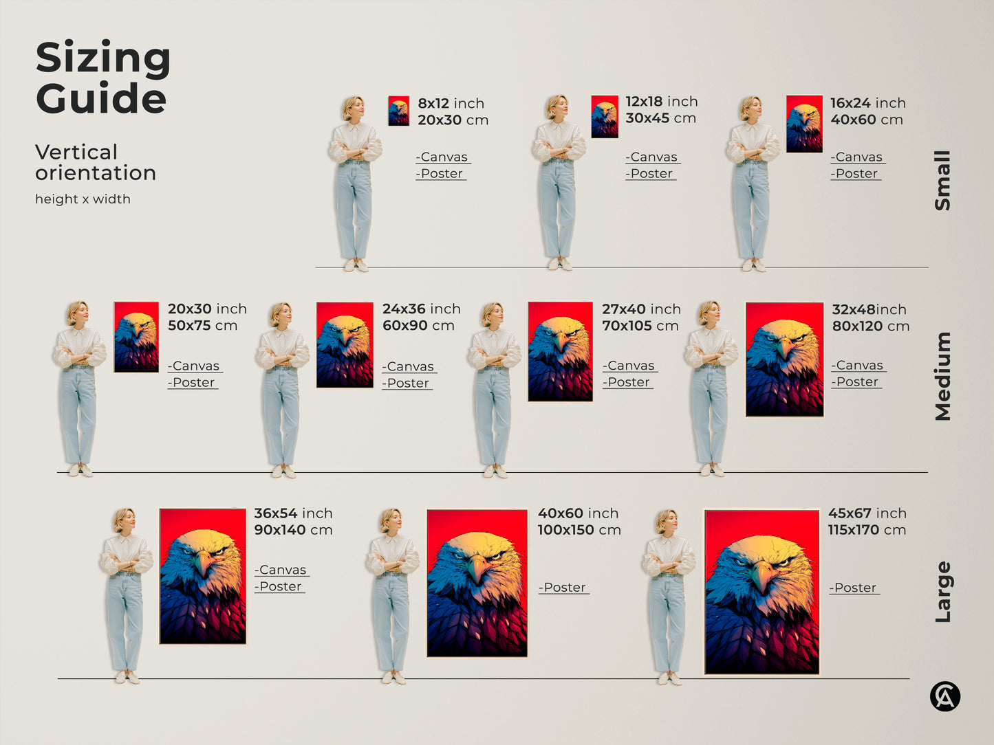 Sizing Guide showcases Patriotic Eagle Wall Art. It has a vertical orientation. Visualize different sizes on canvas and poster. Find the perfect fit for your space. This Bald Eagle close-up portrait adds American pride. It features a vibrant red background. Bold yellow blue and red accents are eye-catching. Perfect for home or office decor.