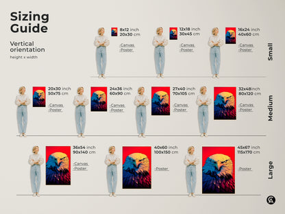 Sizing Guide showcases Patriotic Eagle Wall Art. It has a vertical orientation. Visualize different sizes on canvas and poster. Find the perfect fit for your space. This Bald Eagle close-up portrait adds American pride. It features a vibrant red background. Bold yellow blue and red accents are eye-catching. Perfect for home or office decor.