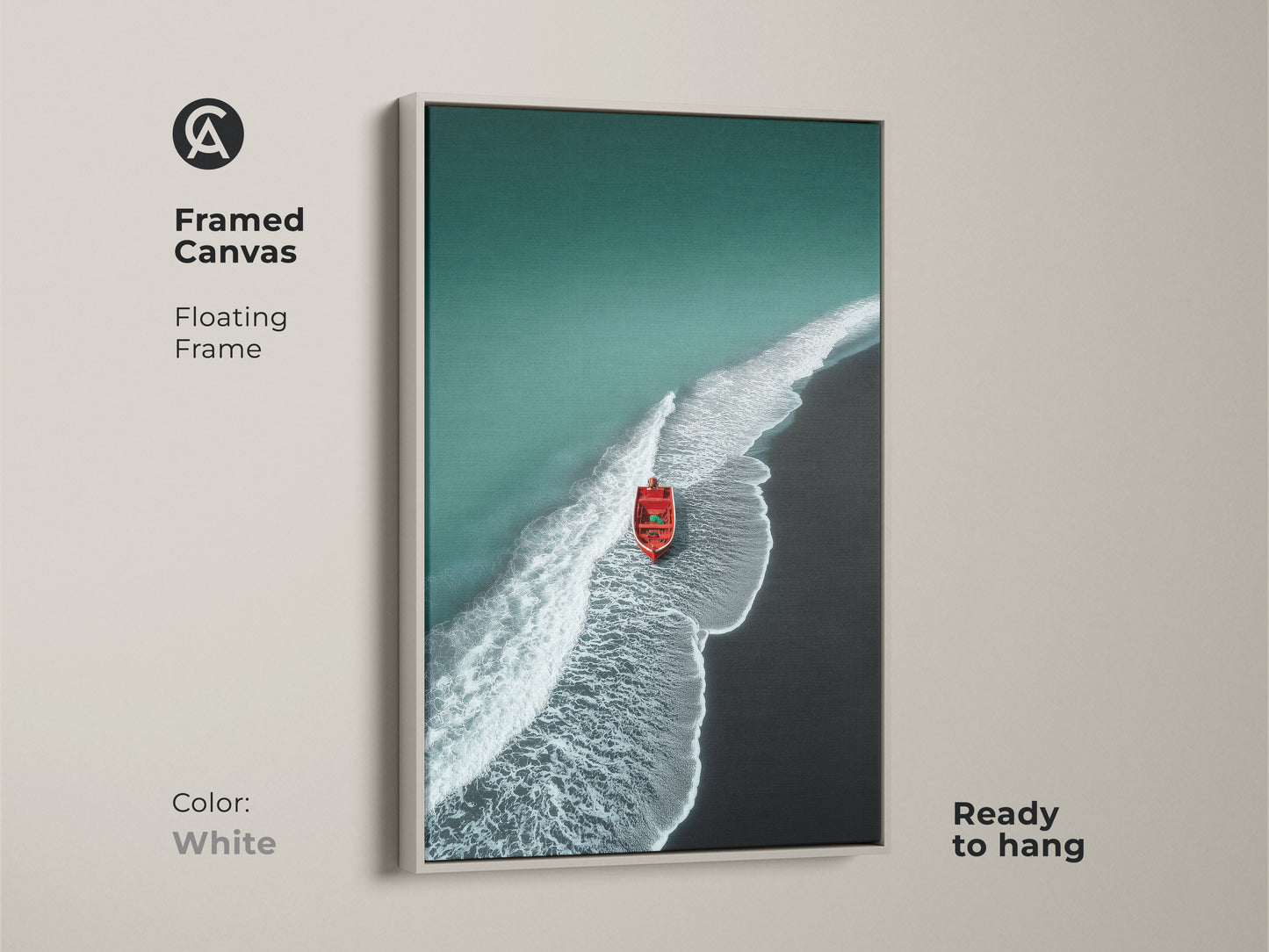 Framed minimalist artwork with a white floating frame. This coastal art print features a teal ocean and dark sand. A red boat stands out against the serene backdrop. Perfect bedroom ocean art.