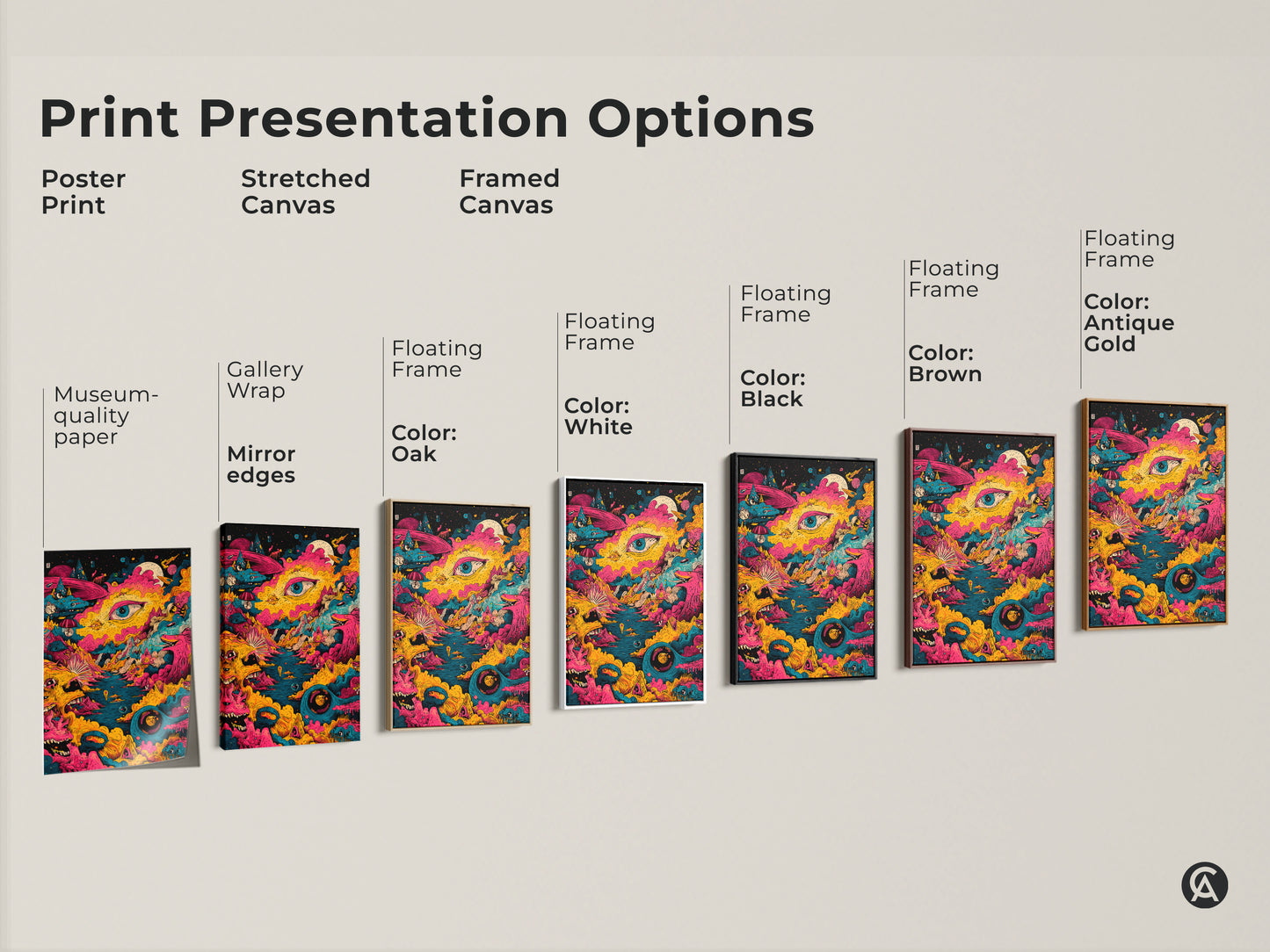 Explore print presentation options for psychedelic artwork. Choose from poster prints stretched canvas or framed canvas. Multiple floating frame colors are available. Each option showcases the vibrant and surreal artwork. Find the perfect piece to enhance your decor.