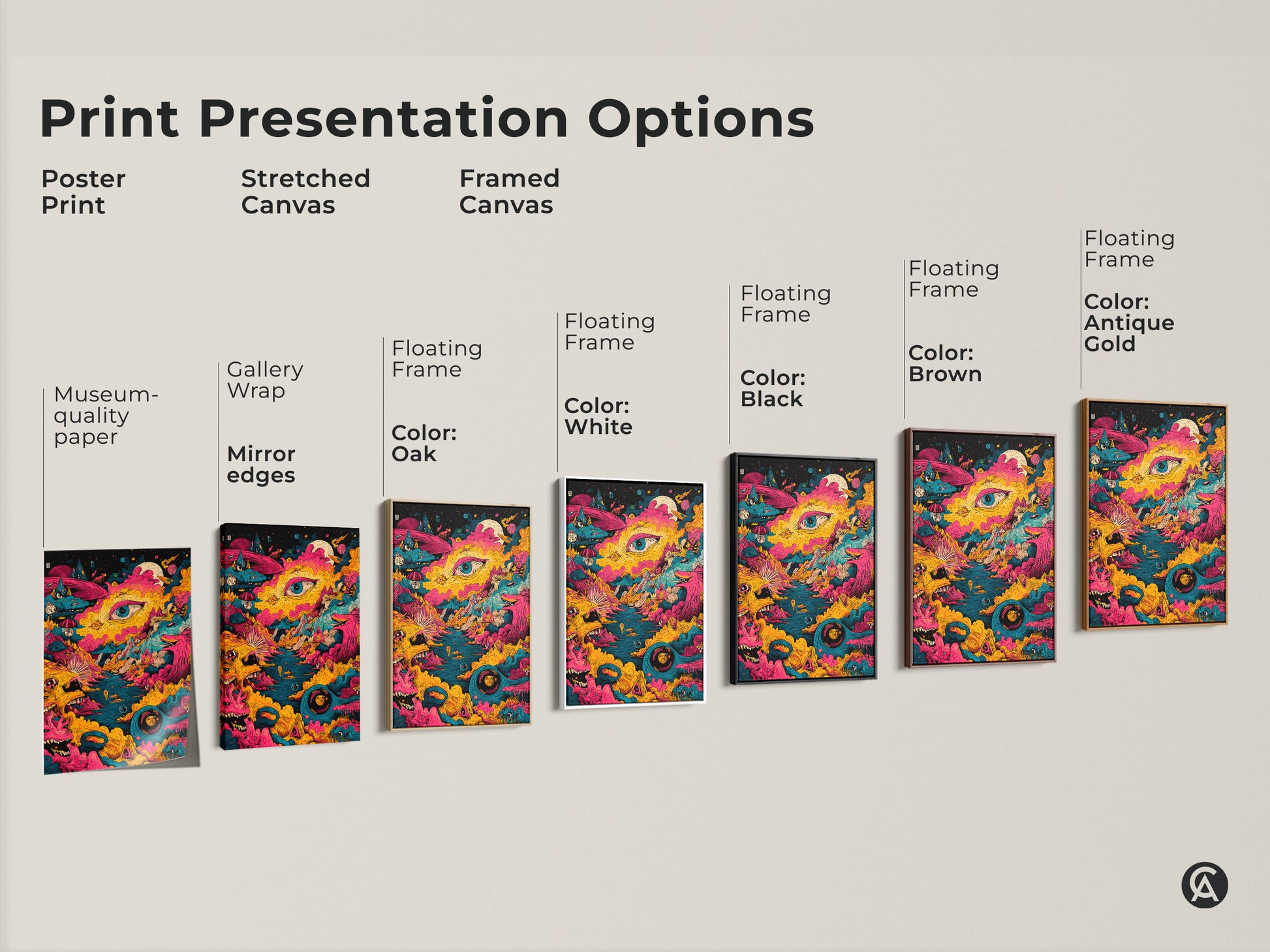 Explore print presentation options for psychedelic artwork. Choose from poster prints stretched canvas or framed canvas. Multiple floating frame colors are available. Each option showcases the vibrant and surreal artwork. Find the perfect piece to enhance your decor.