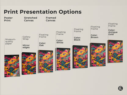 Explore print presentation options for psychedelic artwork. Choose from poster prints stretched canvas or framed canvas. Multiple floating frame colors are available. Each option showcases the vibrant and surreal artwork. Find the perfect piece to enhance your decor.