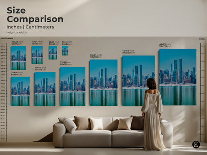 Size comparison for modern NYC cityscape canvas art. See how different sizes fit above a couch. Choose the perfect scale for your blue teal skyline print. Ideal urban architecture wall decor for living rooms offices and contemporary spaces.