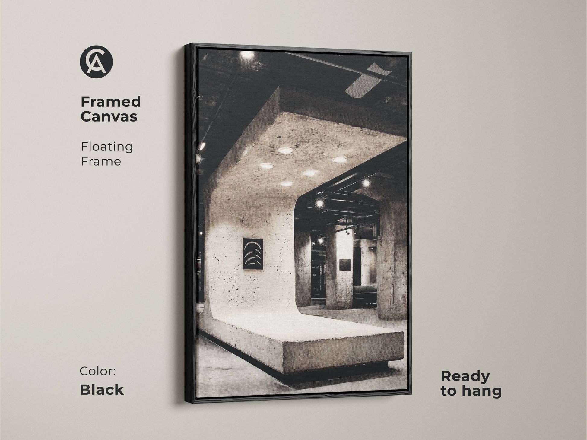 Black framed canvas of concrete structure artwork adds elegance to minimalist office. Discover modern office wall decor. It's ready to hang for instant sophistication. Shop now for architectural photography art to enhance your space. Elevate your interior today!