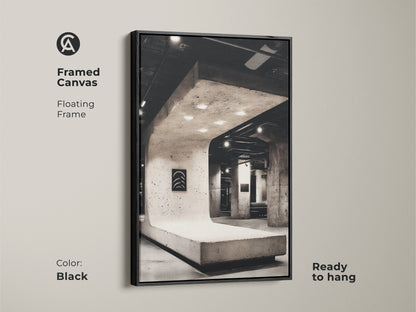 Black framed canvas of concrete structure artwork adds elegance to minimalist office. Discover modern office wall decor. It's ready to hang for instant sophistication. Shop now for architectural photography art to enhance your space. Elevate your interior today!