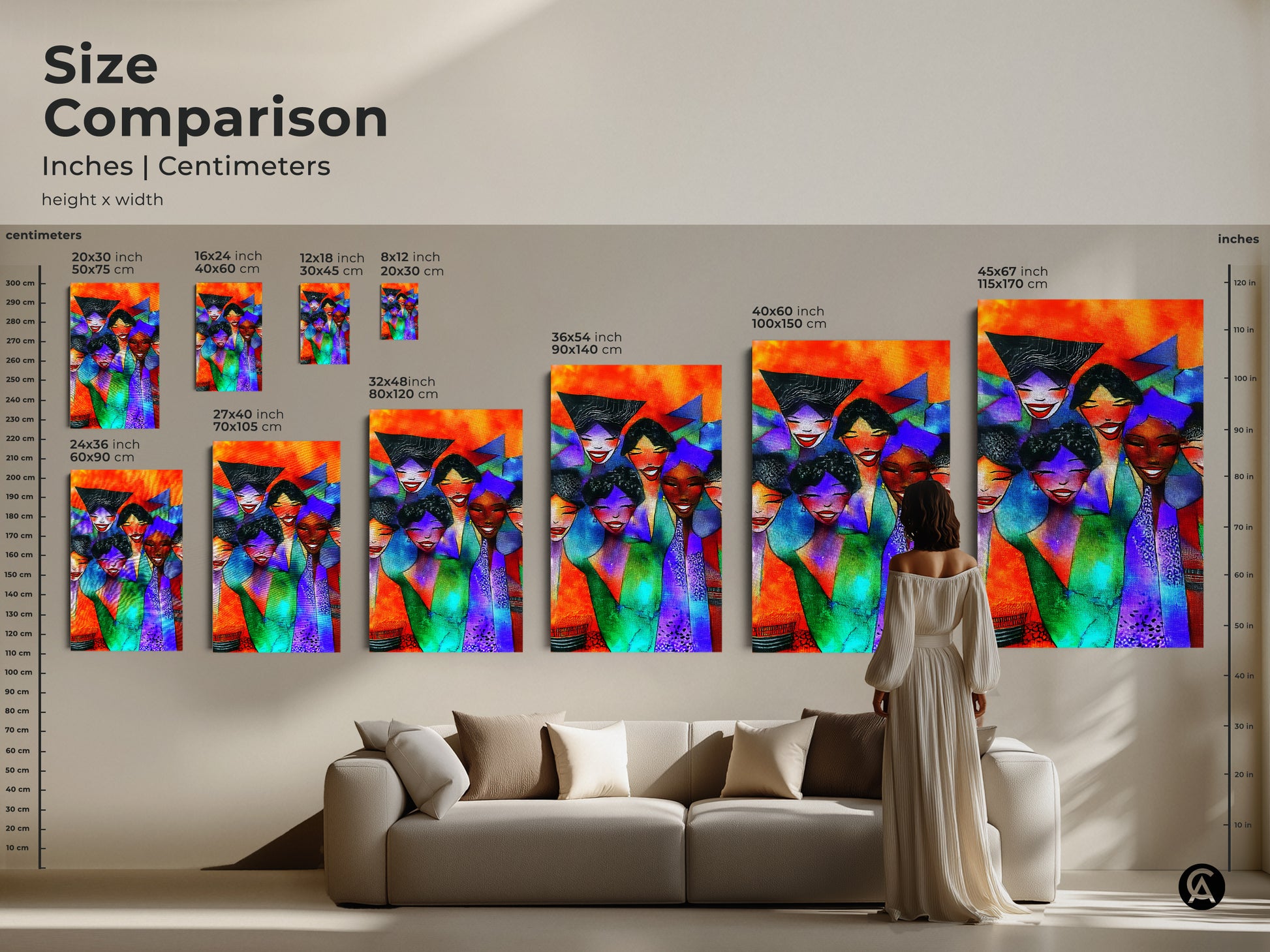 Size Comparison chart illustrating inches and centimeters. See how the height and width of this artwork scales in various sizes. Perfect above a sofa in a living room setting.
