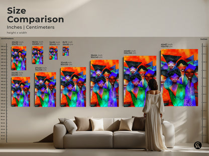 Size Comparison chart illustrating inches and centimeters. See how the height and width of this artwork scales in various sizes. Perfect above a sofa in a living room setting.