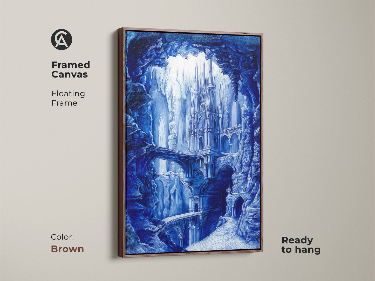 Framed canvas showcasing a blue monochrome castle art. The artwork is presented in a brown floating frame. It's ready to hang adding a touch of classic charm to your home decor.