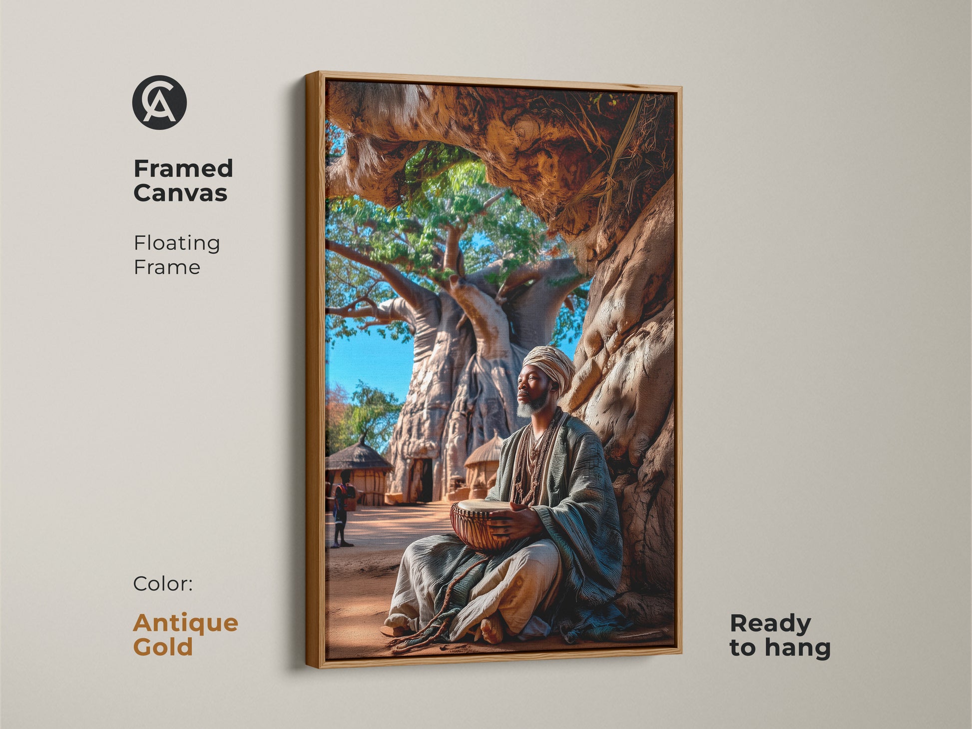 This antique gold framed canvas showcases African culture. The floating frame elevates the art and it's ready to hang. This artwork features an African man playing a drum under a Baobab tree. The earth tones add warmth to any room.
