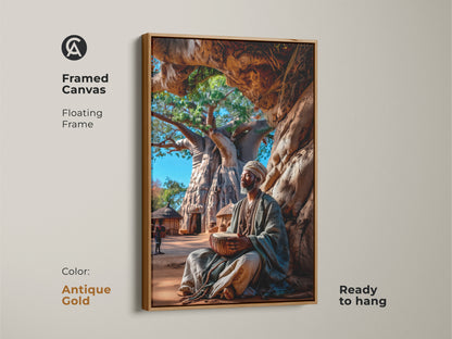 This antique gold framed canvas showcases African culture. The floating frame elevates the art and it's ready to hang. This artwork features an African man playing a drum under a Baobab tree. The earth tones add warmth to any room.