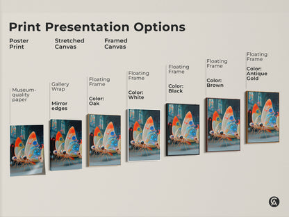Explore print presentation options for surreal butterfly art. Choose from poster prints or stretched canvas. The framed canvas option features various floating frame colors. Find the perfect electric blue orange teal wall decor. This cyberpunk insect art suits any style.