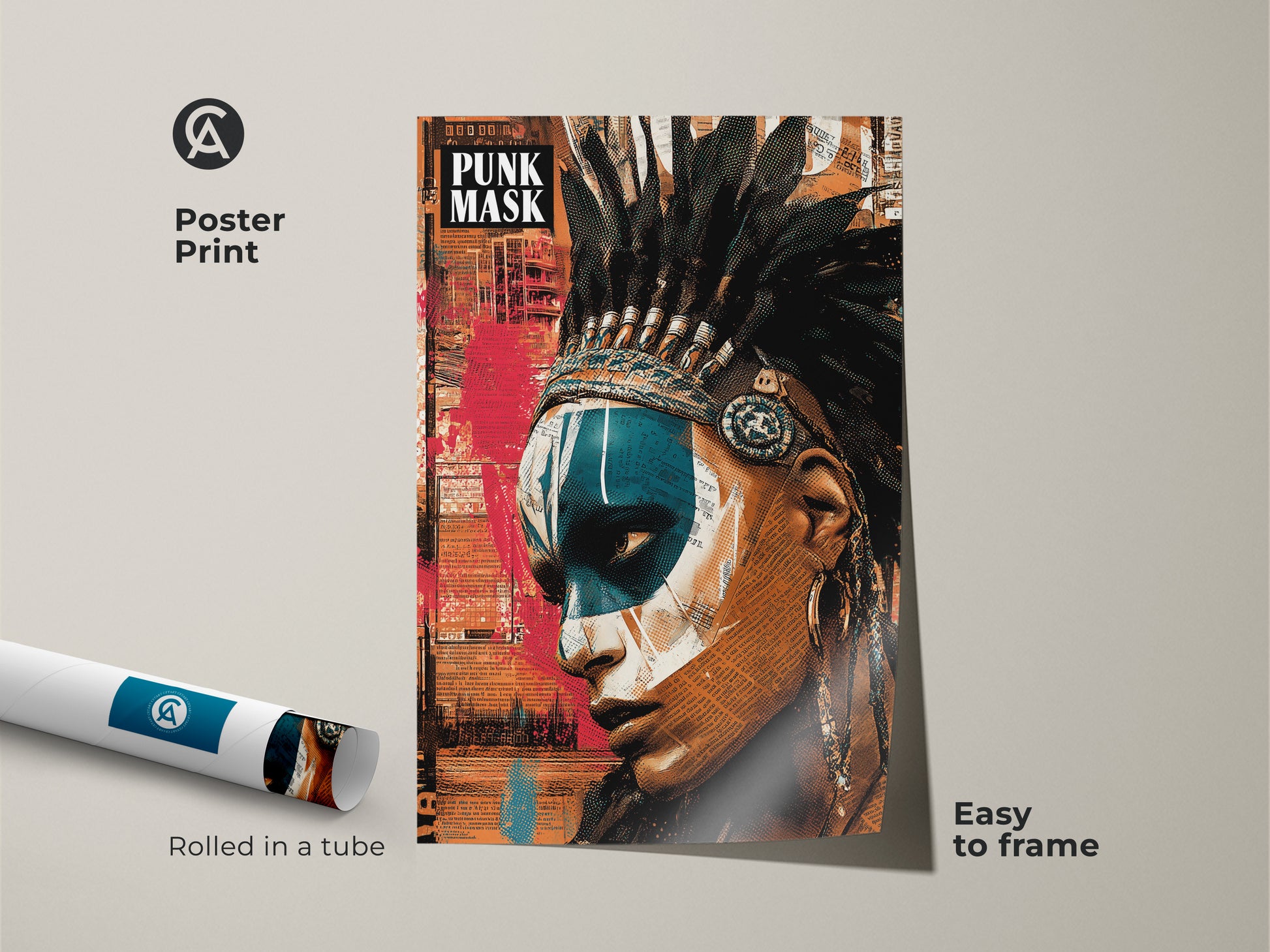 This is a poster print of an Abstract Collage of a Native American Woman. It embodies a Punk Art style. The artwork merges a powerful portrait with collage elements and a feather headdress. Teal and Orange highlight the artwork. It is easy to frame and adds a bold statement to any room.