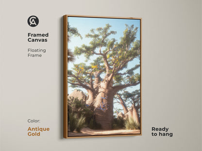 Framed Canvas featuring a Baobab Tree Wall Art with an antique gold floating frame. The Desert Landscape Canvas Print is ready to hang. The green brown blue artwork creates a wanderlust wall decor.