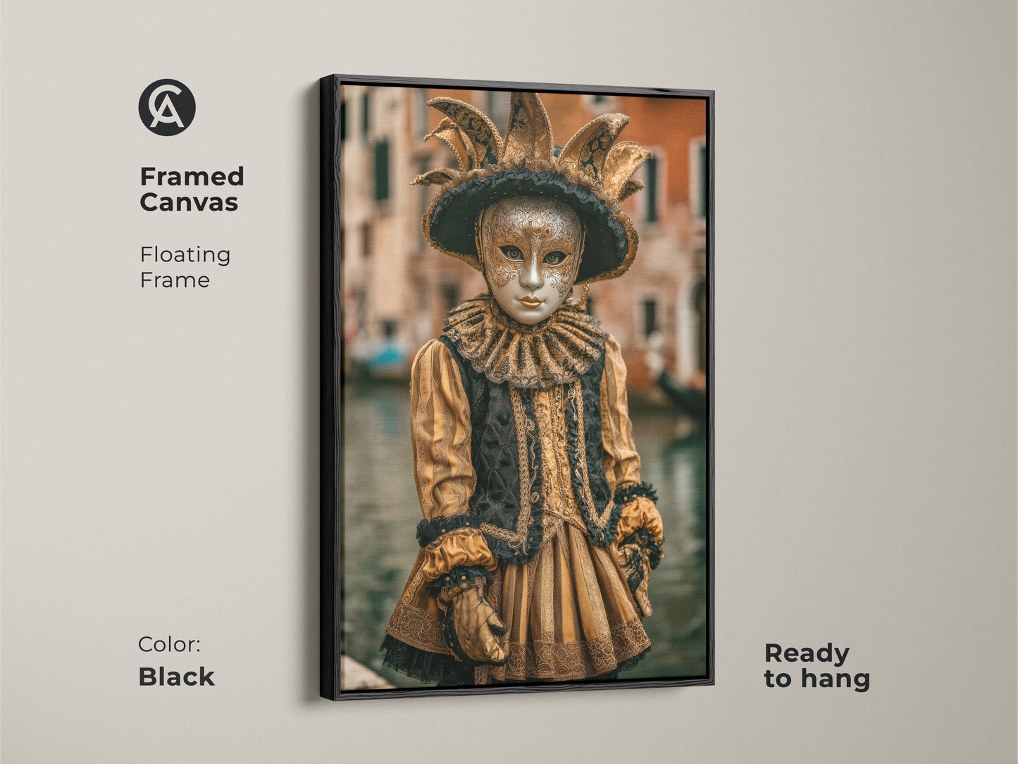 An Ornate Venetian Jester Costume Artwork with black frame. This Framed Canvas art features a floating frame. The gold and black Masquerade Mask Canvas Print is ready to hang. This Baroque Wall Art brings a unique festive spirit to any space.