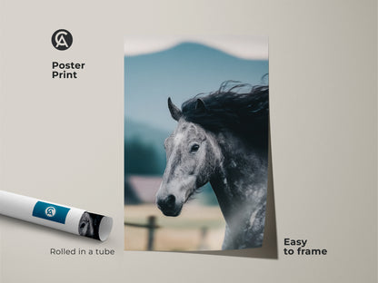 This poster print features a striking monochrome horse. Rolled in a tube it's easy to frame. A perfect equestrian wall decor for animal lovers. This rustic horse artwork enhances any room.