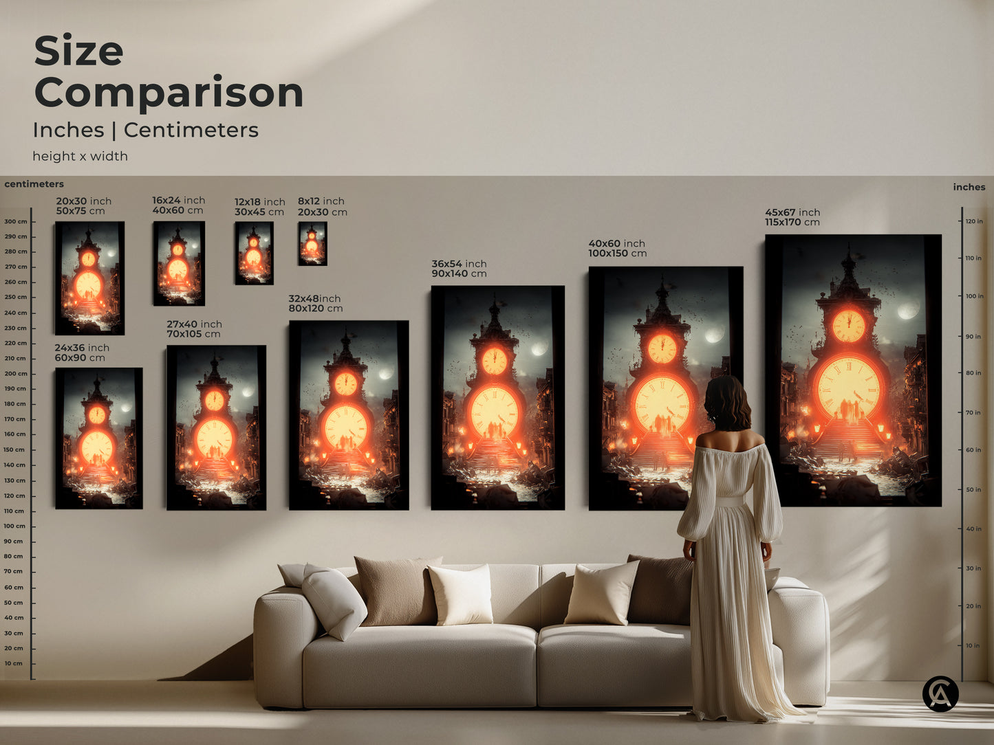 Size comparison of surreal clock tower artwork in various dimensions. This steampunk canvas art creates a focal point. Perfect for industrial or loft style homes in teal and orange tones.