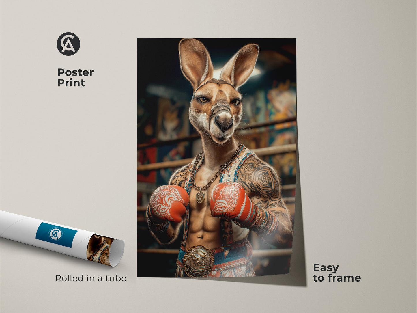 This poster print displays a surreal kangaroo boxer. The tattoo art style makes this unique animal print a standout piece. Rolled in a tube and easy to frame this eclectic artwork is perfect for adding character to your office or home. It is a great gift for sports fans.