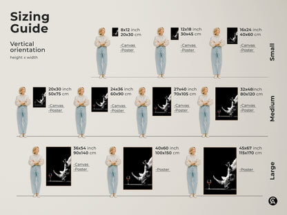Explore sizing with our vertical orientation guide of a surreal rhino art print. Find the perfect fit with canvas and poster options. Sizes range from small to large. This monochrome wildlife artwork will complement any room size making it a great addition to your contemporary home.