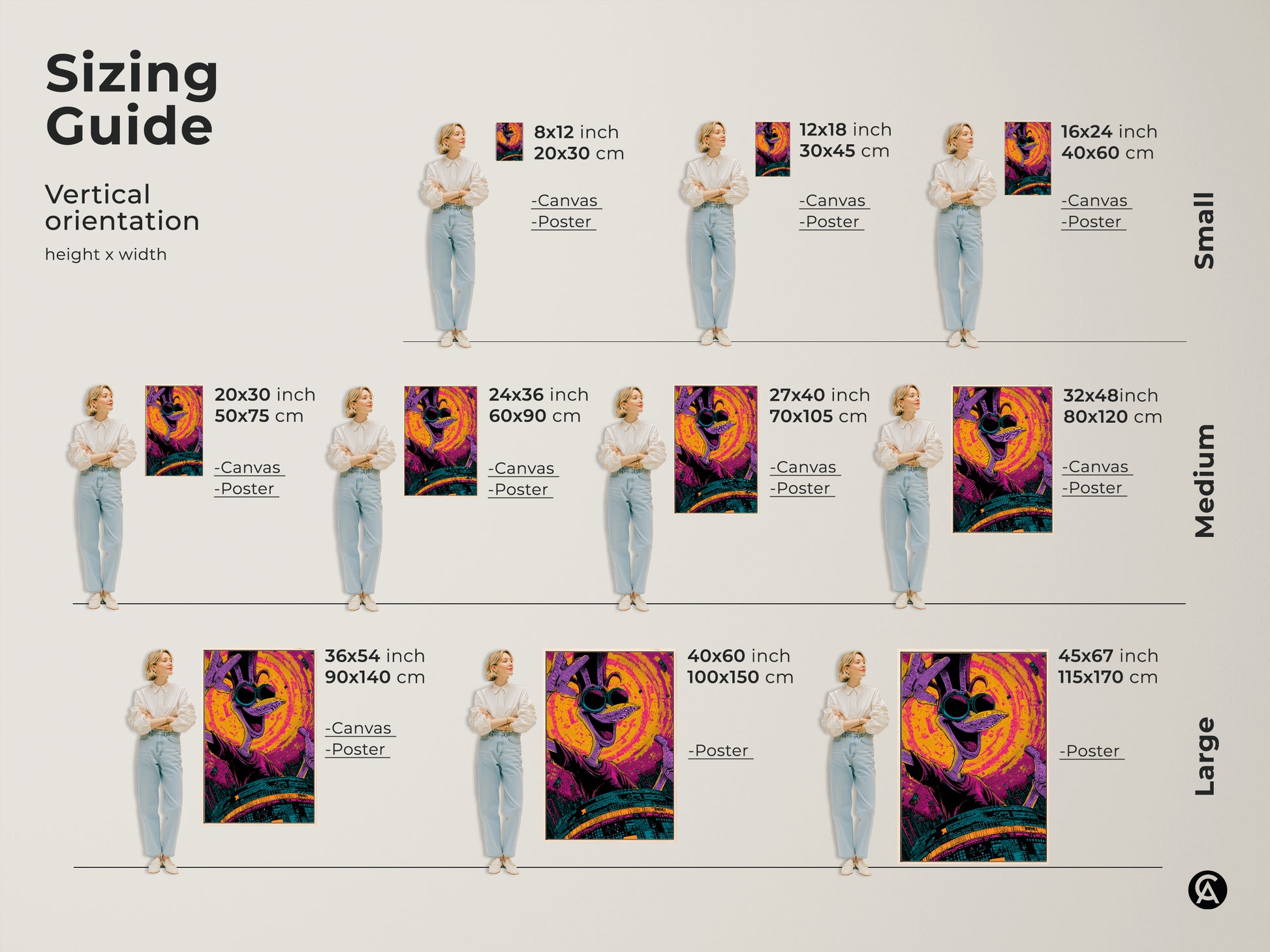 Visualize the perfect size for your space with our sizing guide. Featuring a cartoon bird character with sunglasses artwork. Available in small medium and large sizes. Choose from canvas or poster options. Find the ideal fit for your home decor needs.