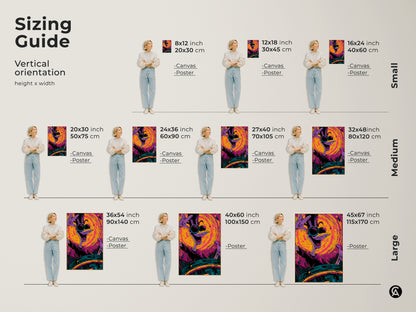 Visualize the perfect size for your space with our sizing guide. Featuring a cartoon bird character with sunglasses artwork. Available in small medium and large sizes. Choose from canvas or poster options. Find the ideal fit for your home decor needs.