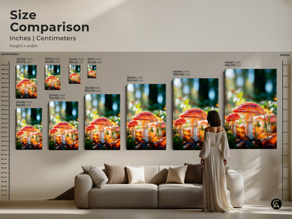 Mushroom art size comparison inches centimeters. Height x width. Visualize the art in different sizes. Perfect for any room. See how the artwork fits above a couch. Find your ideal mushroom art size.