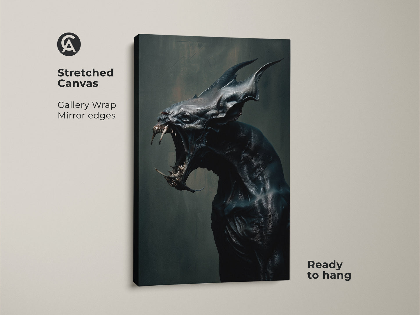 Stretched canvas print. Gallery-wrapped monster artwork with mirror edges. Ready to hang. A unique piece of horror art for your home. The canvas is great for a gallery wall.