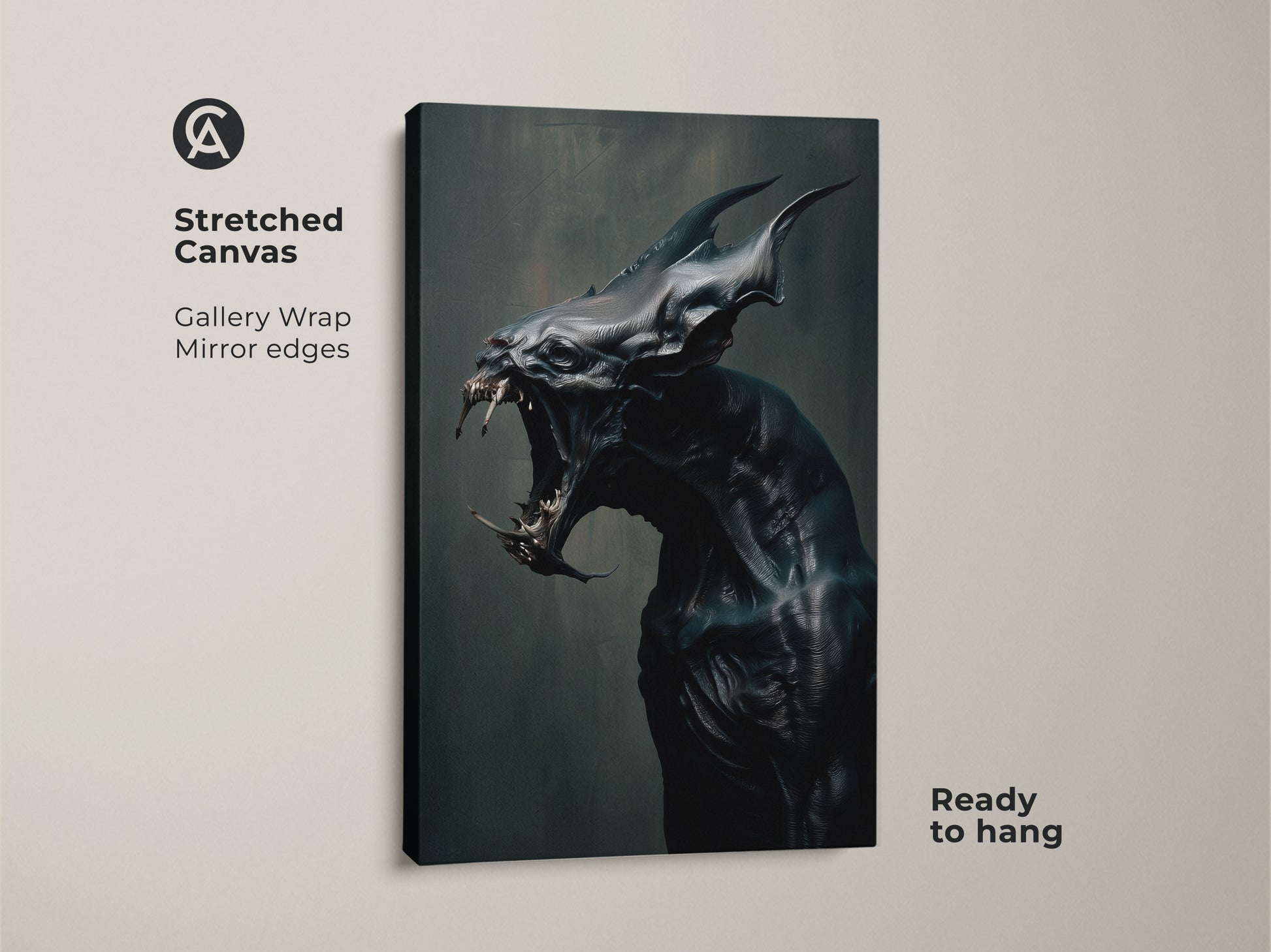 Stretched canvas print. Gallery-wrapped monster artwork with mirror edges. Ready to hang. A unique piece of horror art for your home. The canvas is great for a gallery wall.